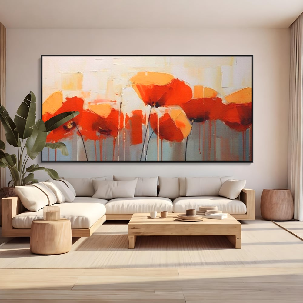 Tablou canvas cu tablou canvas cu maci in ulei, in rama de aluminiu negru, pe perete intr-un living